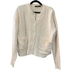 Caara chunky cable knit boxy crewneck button front cardigan sweater
